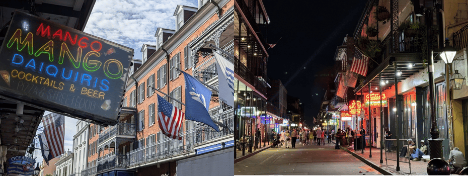 Close to the main venue lies Bourbon Street, lined with bars, restaurants, and live music venues.
