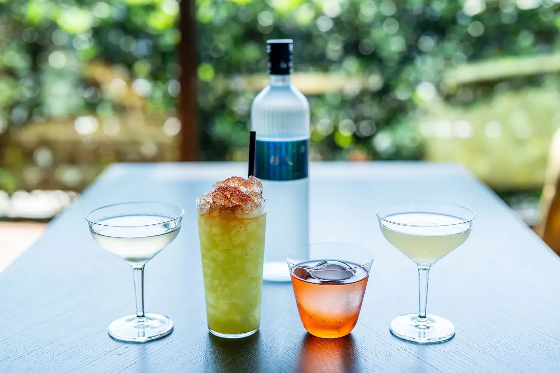 Cocktails served at the Fukuoka event. From left: Tom’s Grow a Pear and Fu Gwaa Falsetto, followed by Justin’s El Umami and The Boomerang.