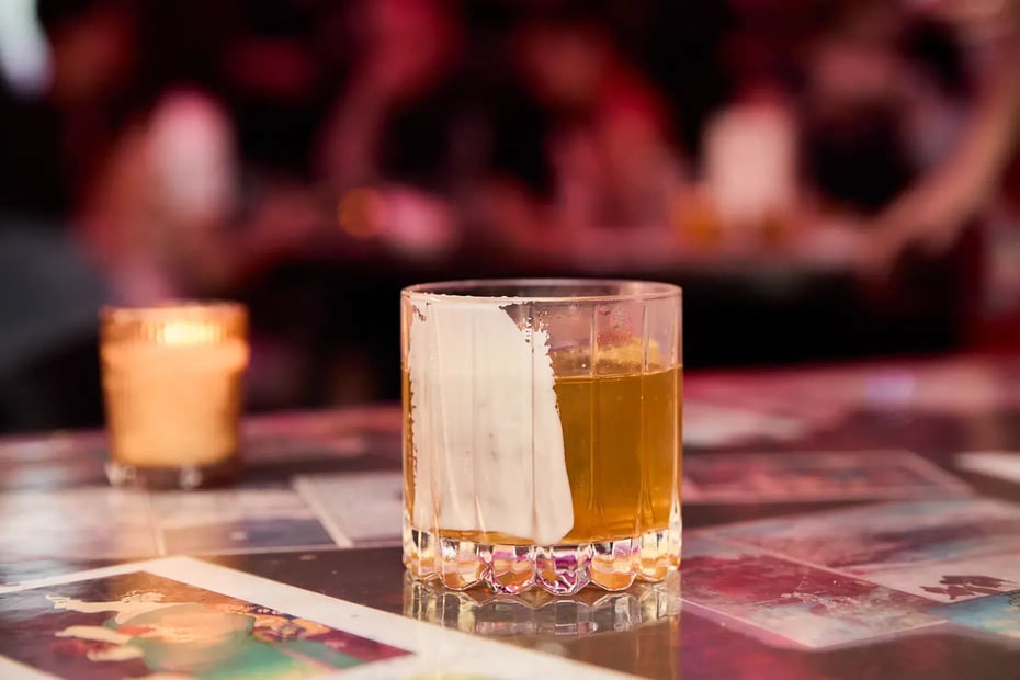 A Brown cocktail made with iichiko Saiten by Nomura of Quarter Room