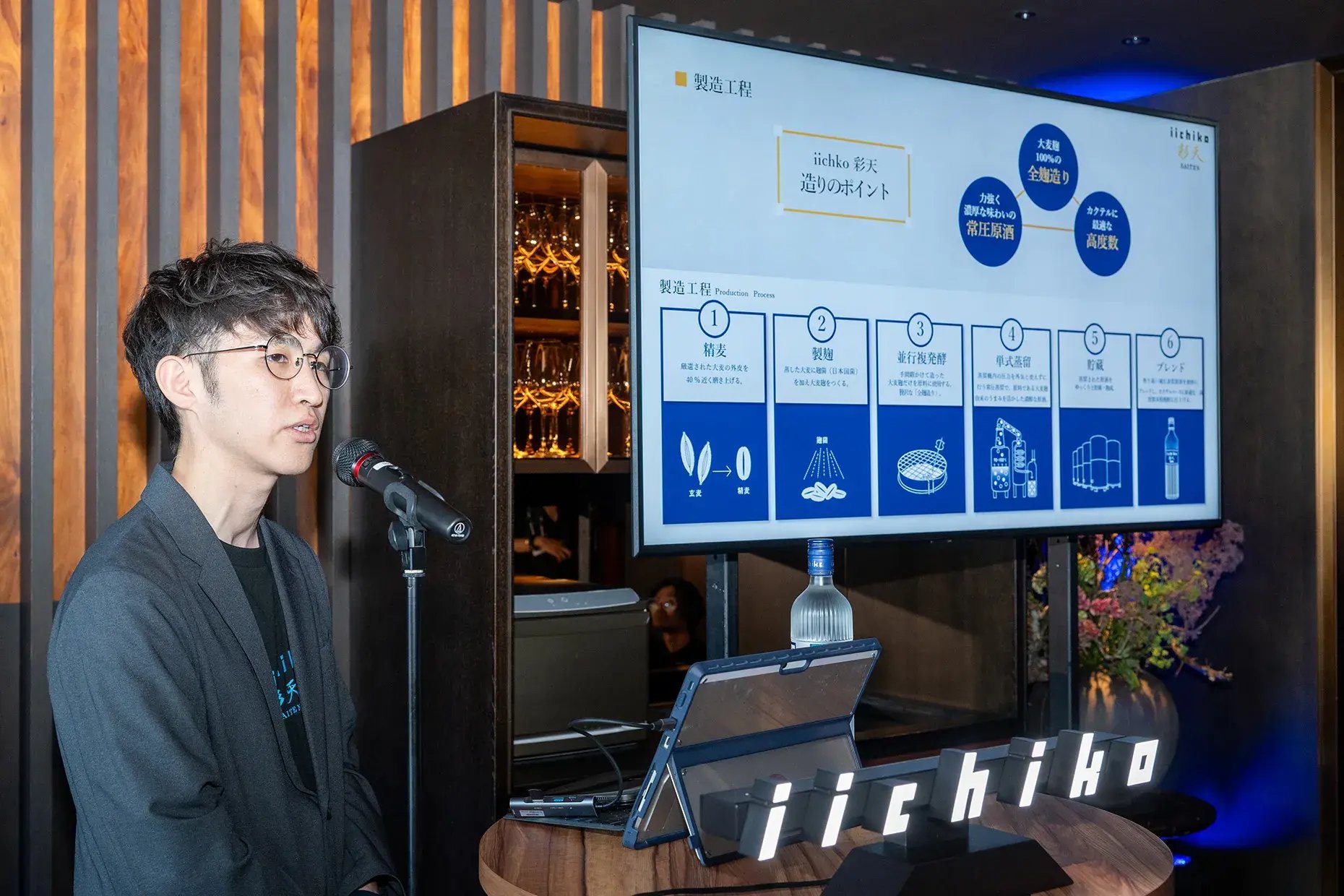 Yusuke Togo of Sanwa Shurui explaining the qualities of iichiko Saiten