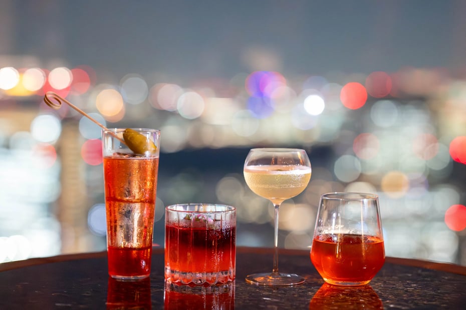 From left: Naoto Ogawa’s Between the Calm and Passion and The Beyond, and Shingo Gokan’s Red Pal and Bincho Negroni