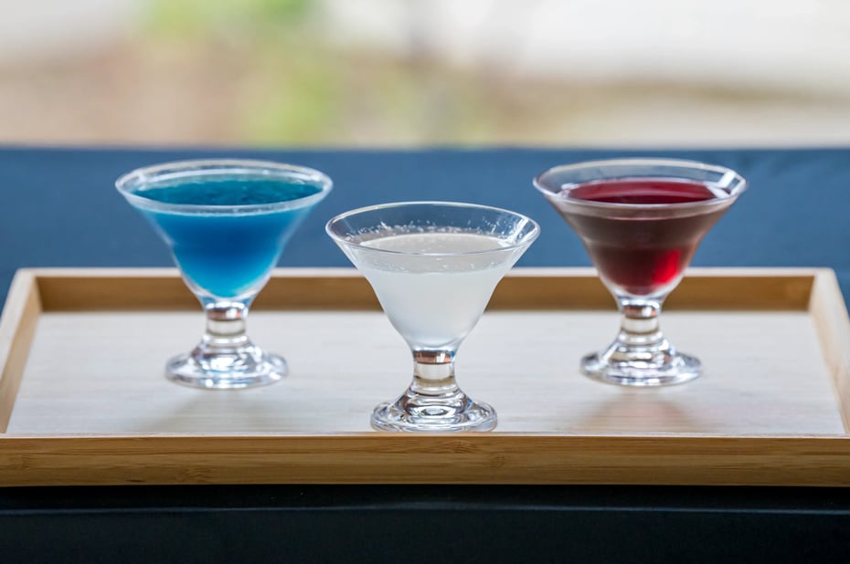 The three cocktails offered at the ceremony. From left: Tenku no Koji (“Sky Koji”), White Koji Lady, and Shinkiku (written with the characters for “god” and “koji”).