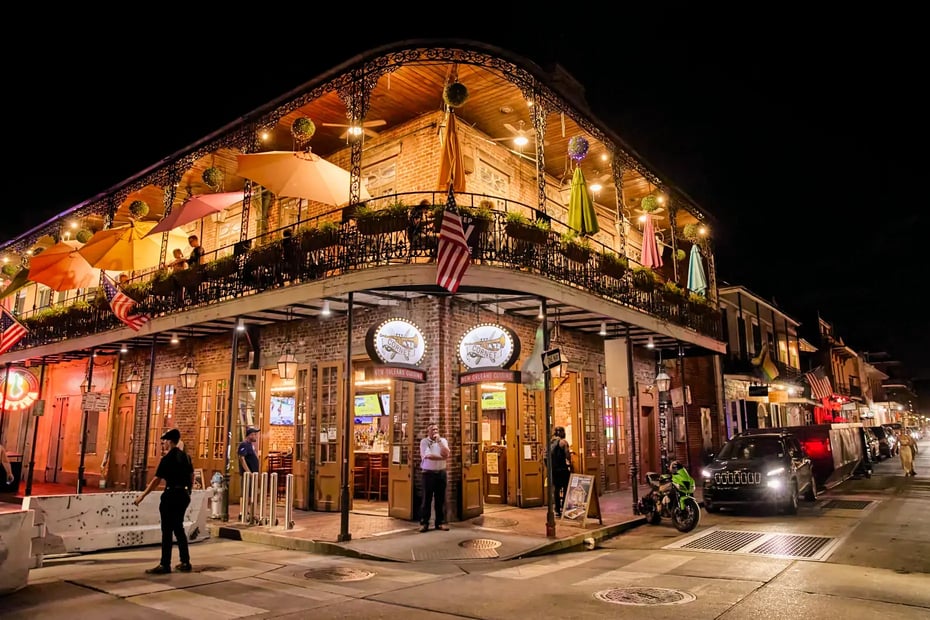 Bourbon Street, one of New Orleans’ busiest areas, comes alive with live music every night.